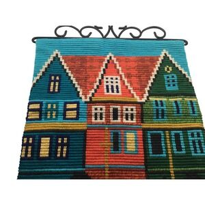 Vintage Needlepoint Wall Hanging European Harbor Houses Boat Metal Scroll Frame